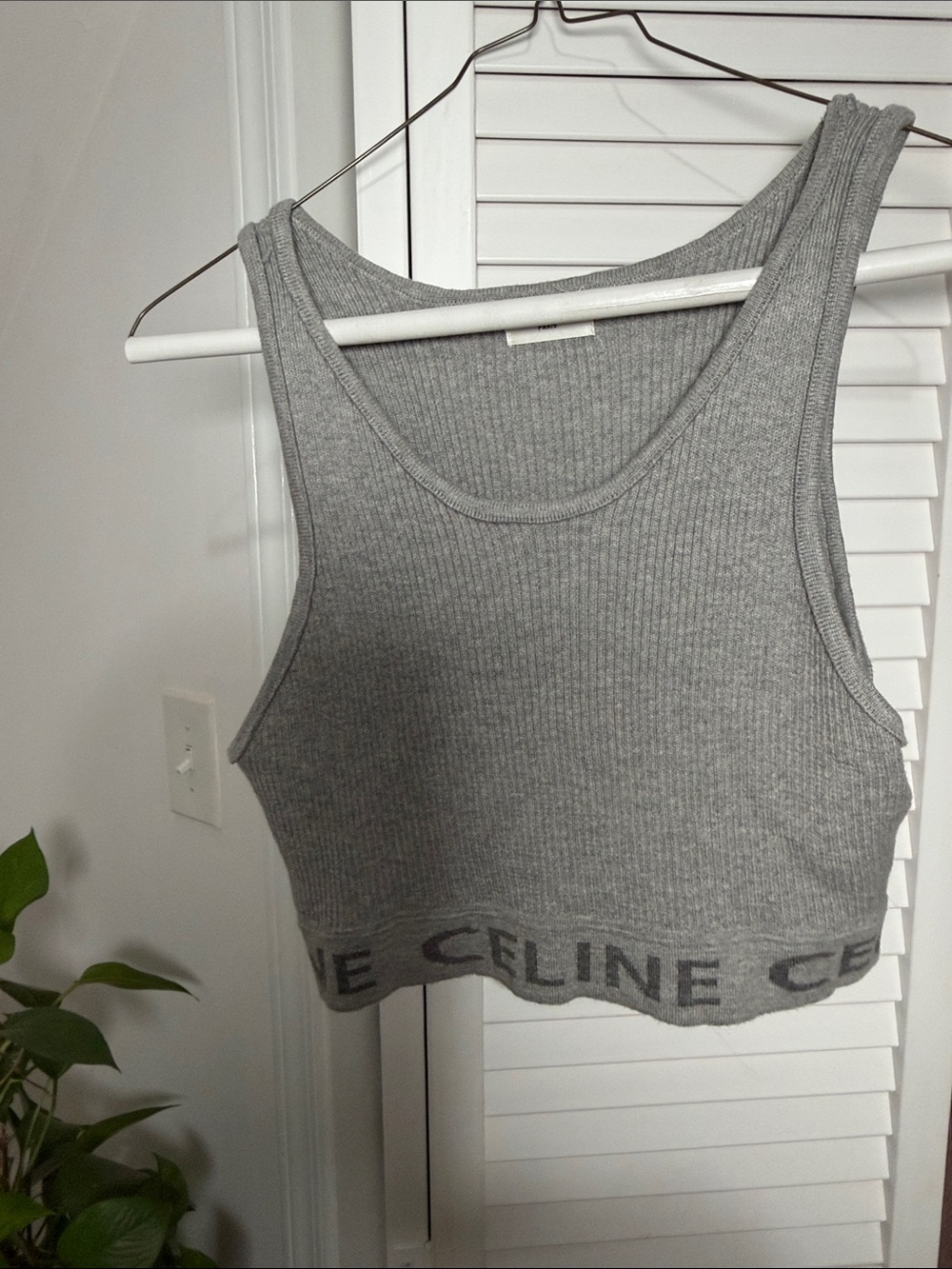 Celine Light Grey Ribbed Logo Band Crop Tank